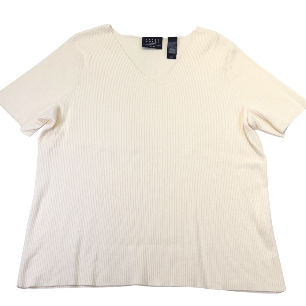 Crazy Horse Liz Claiborne Womens Size 1 Ivory Ribbed Scalloped Knit Top 1196A3